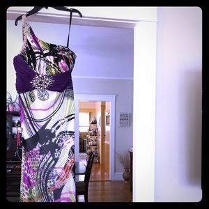 Evening gown, half shoulder maxi beaded-boutique